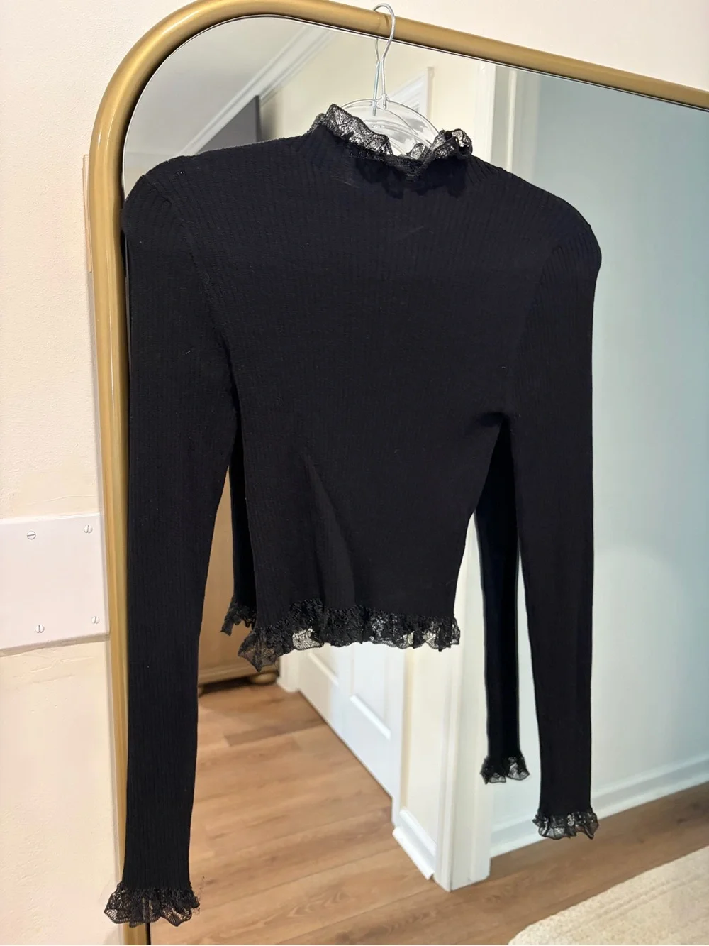 Zara Black Ribbed Long-Sleeve Top with Lace Trim